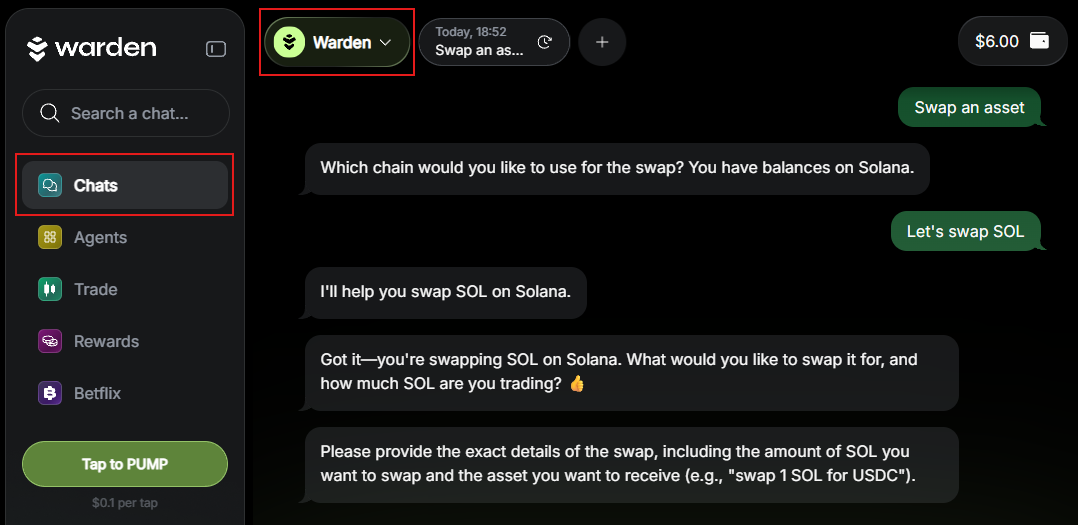 Send or swap assets using the Warden Agent